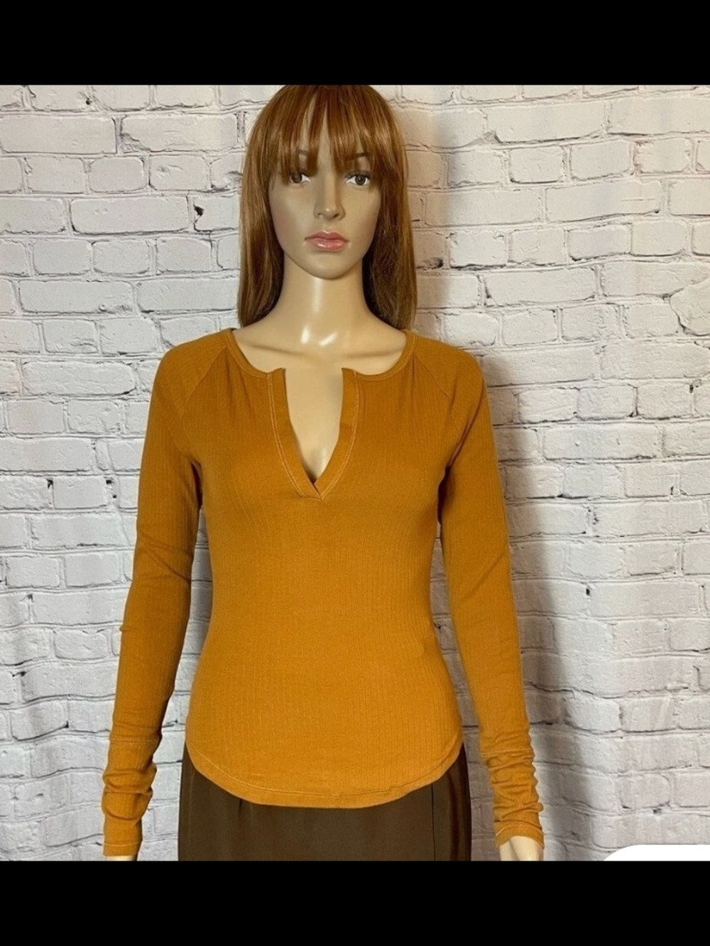 Free People Ribbed Notch V-Neck Long Sleeve Top - Mustard